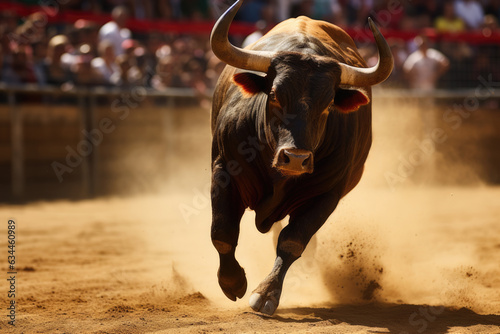 Angry bull with big horns running in Spanish bullring. Spanish bull in traditional sperformance of bullfight photo