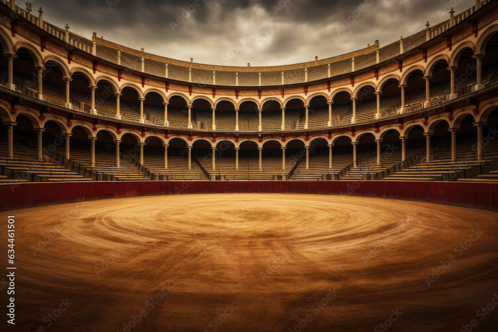 Empty round bullfight arena in Spain. Spanish bullring for traditional performance of bullfight - obrazy, fototapety, plakaty 