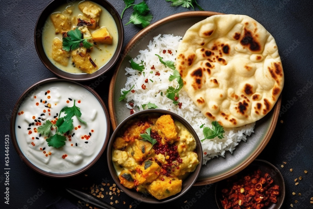 White rice, naan roti, mattar paneer and alo gobi Indian food flat lay
