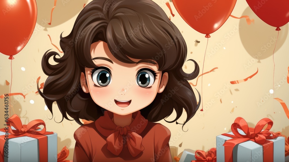 A cartoon girl holding a bunch of red balloons. Digital image. Birthday card. A cartoon girl holding a bunch of red balloons. Digital image. Birthday card.