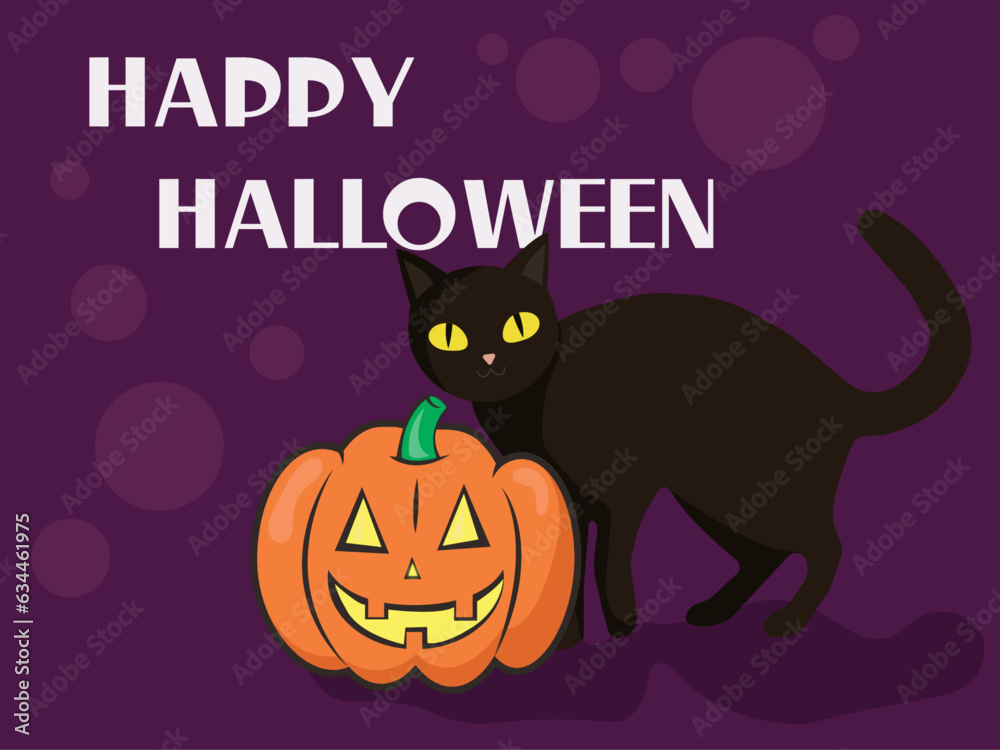 happy halloween vector illustration with pumpkin and black cat happy halloween vector illustration with pumpkin and black cat