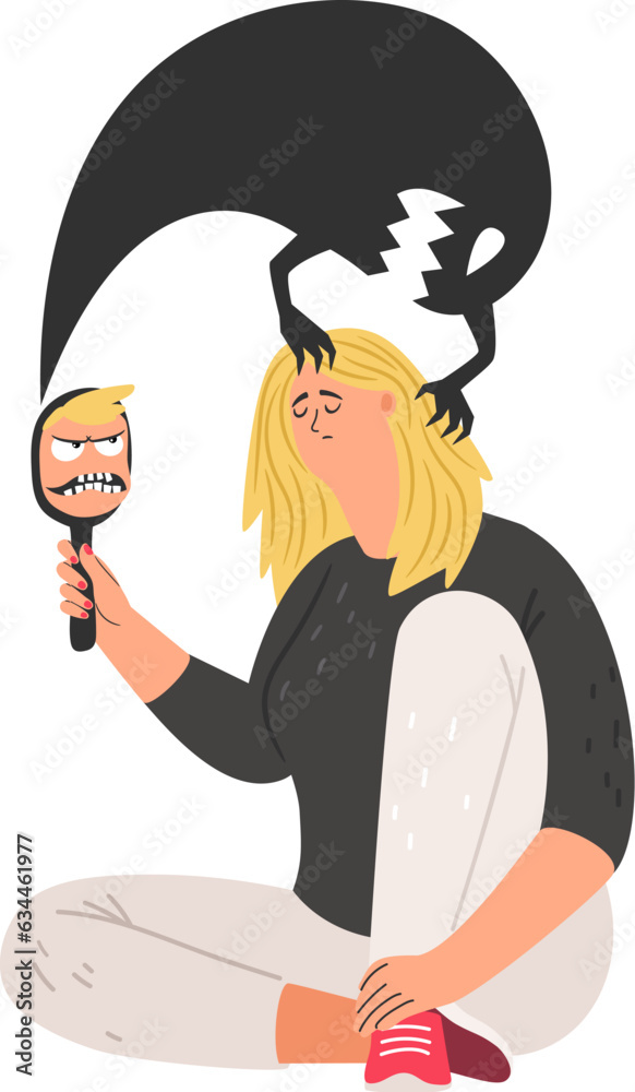 Upset sad person holding mirror in hand. Young woman see terrible reflection of low self-esteem in mirror. Lack of self-love Upset sad person holding mirror in hand. Young woman see terrible reflection of low self-esteem in mirror. Lack of self-love