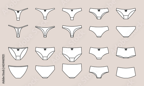 Set of women underwear types panties, bikini, string, tanga. Underclothing vector collection