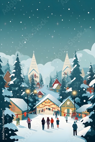 A minimal cartoon Christmas poster with people in the foreground and traditional buildings in the background. Snow and festive lights. Generative AI.