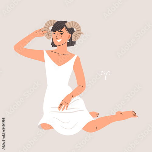 Woman with zodiac sign Aries horns, horoscope astrology symbol with beautiful girl in white dress