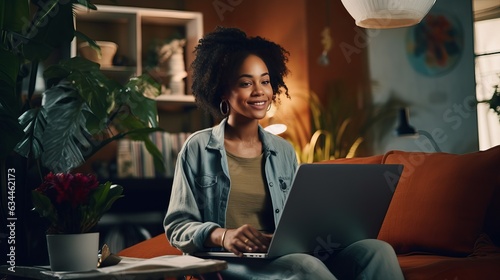 Image of cheerful african american woman using laptop while sitting on chair in living room Generative AI