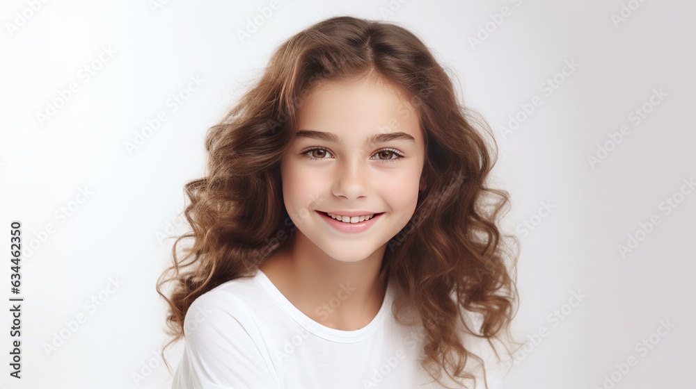 Portrait of young beautiful cute cheerful girl smiling looking at camera over white background Generative AI Portrait of young beautiful cute cheerful girl smiling looking at camera over white background Generative AI