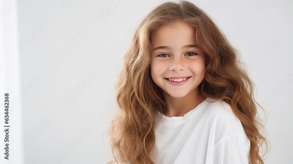 Portrait of young beautiful cute cheerful girl smiling looking at camera over white background Generative AI