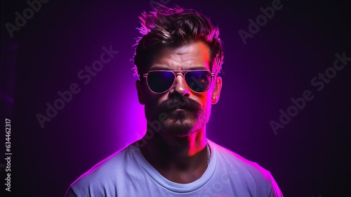 Neon light studio close-up portrait of serious man model with mustaches and beard in sunglasses and white t-shirt Generative AI © Suleyman