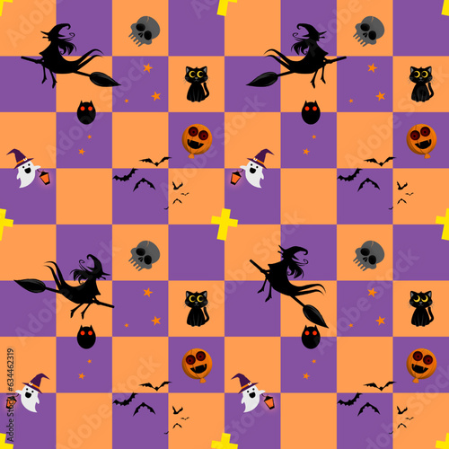    Halloween background seamless pattern. orange and purple color checked or gingham or Tartan with a cute ghost  pumpkin balloon  skeleton  owl  black cat  star and witch or witches.