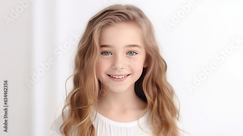 Portrait of young beautiful cute cheerful girl smiling looking at camera over white background Generative AI