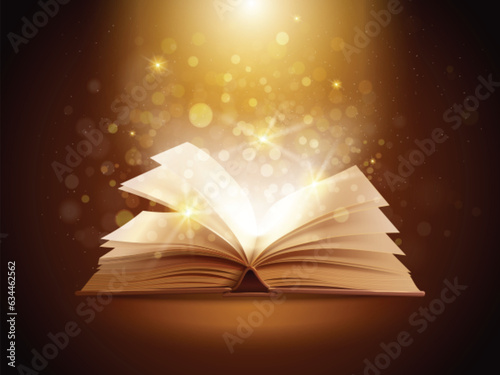 Realistic magic book. Mystical or religion books with spiritual spells bright lights shine effect in night, old spellbook magical literature writer, exact vector illustration