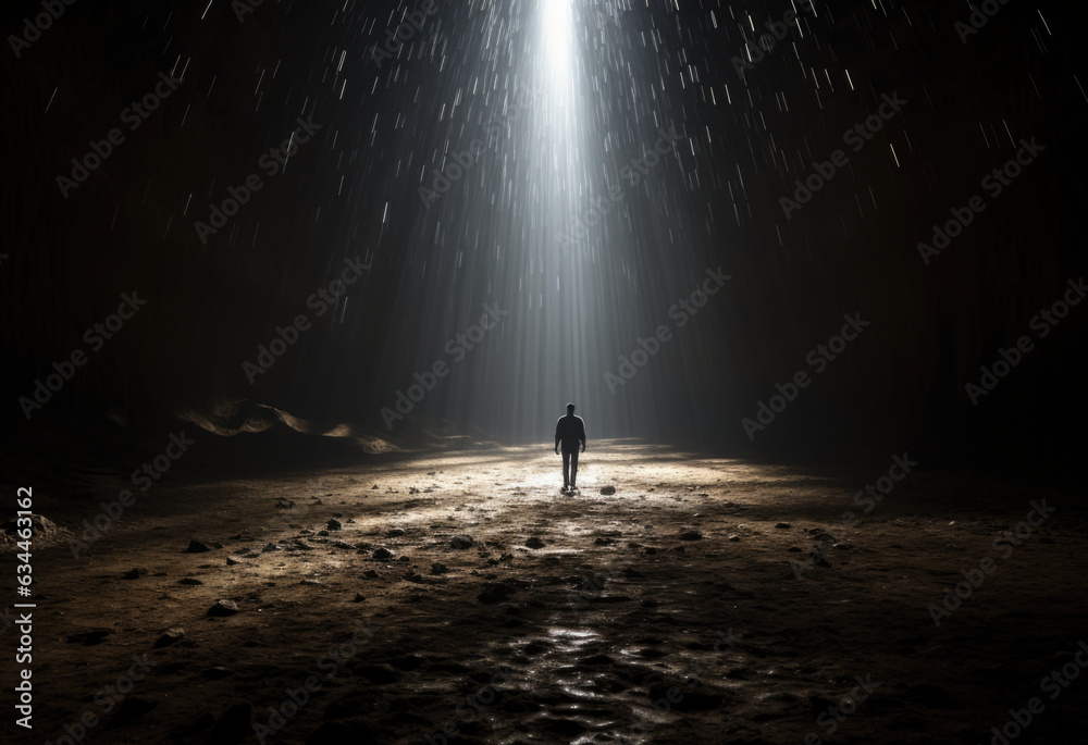 A person standing in the middle of a dark cave.