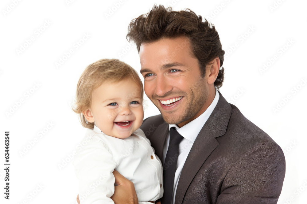business man's face lights up with a warm smile and looking affectionately at his child. They share a joyful moment, embodying harmony of professional success and patural love of a father business man's face lights up with a warm smile and looking affectionately at his child. They share a joyful moment, embodying harmony of professional success and patural love of a father