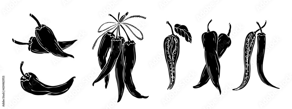 Obraz premium Chili pepper silhouette set. Vector graphics.