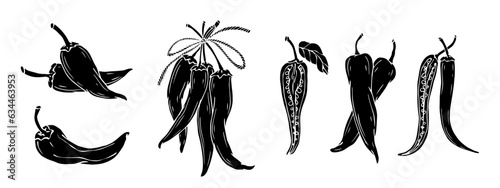 Chili pepper silhouette set. Vector graphics.