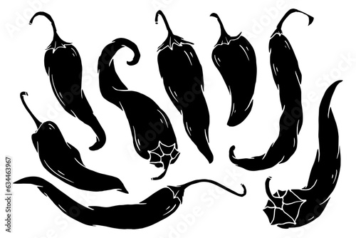 Chili pepper silhouette set. Vector graphics.