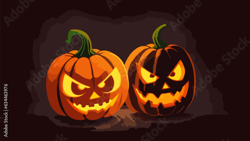 Laughing carved Halloween pumpkins isolated on green background. Spooky wallpaper with cartoon glowing Jack-o-lantern as a decoration for October 31st