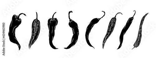 Chili pepper silhouette set. Vector graphics.