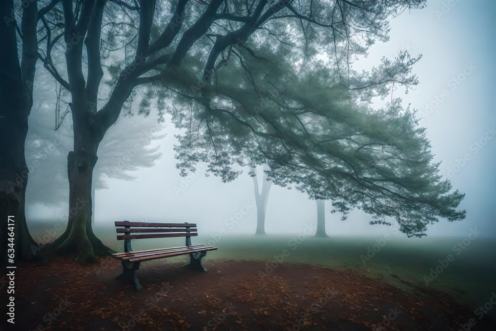 the majestic view of bench in the park in foggy morning ai generated