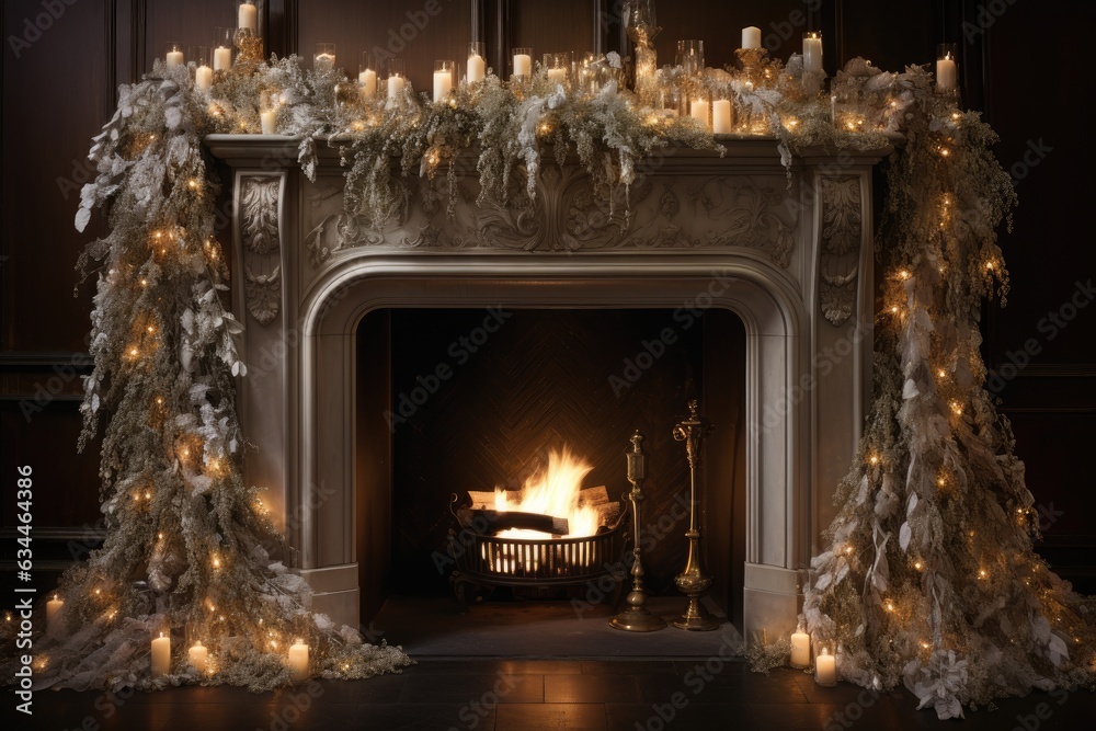 fireplace with christmas decorations  tinsel draped gracefully across a fireplace mantel 