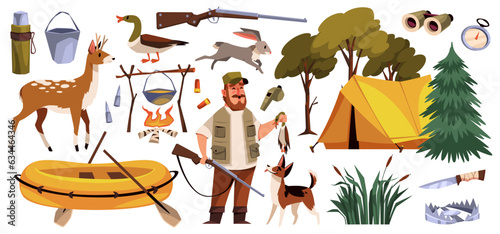 Cartoon hunter character with equipment. Funny man with a hunting dog holds trophy and gun, tent, deer and inflatable boat, outdoor hobby people on camping tidy vector isolated set