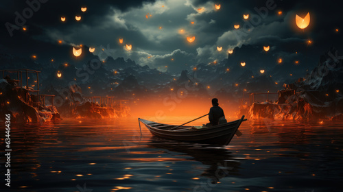 A man sitting in a boat on a lake at night.