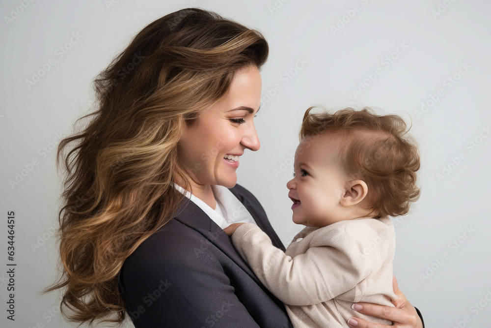 A business woman's face lights up with a warm smile and looking affectionately at her child. They share a joyful moment, embodying harmony of professional success and matural love. A business woman's face lights up with a warm smile and looking affectionately at her child. They share a joyful moment, embodying harmony of professional success and matural love.