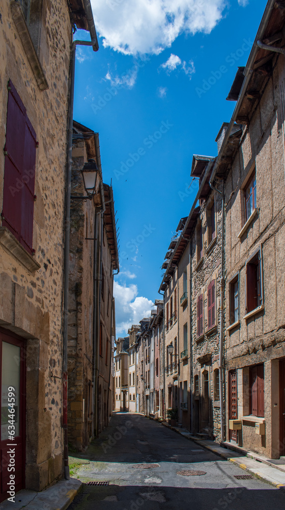 Rue typique aveyronnaise en été, Saint-Geniez-d'Olt, Aveyron, France