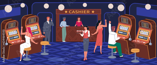 Casino visitors. People play slot machines, happy gamblers win and lose money, players hope jackpot, adult games, indoors interior, waiter with drinks, nowaday vector cartoon flat concept