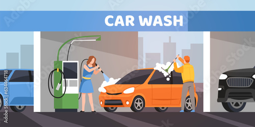Couple in car wash service. People take care from vehicle, application and washing off of soap foam, self cleaning, man and woman cleaning automobile, tidy vector cartoon flat concept