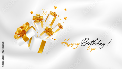 Happy Birthday greeting design. Luxury white satin background with 3d white gift boxes popping from big box with golden ribbon and bow. Birthday, anniversary celebration concept. Vector illustration