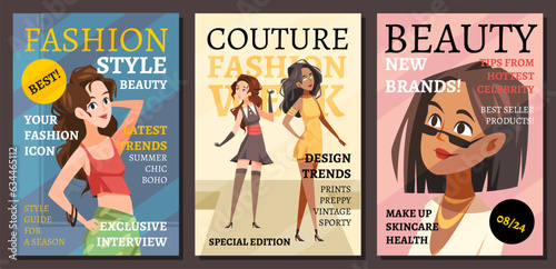 Fashion magazine covers. Smiling models in beautiful designer clothes, catwalk show, glamorous poses, elegant summer outfit, cartoon modern female characters, flyer or banner, tidy vector set