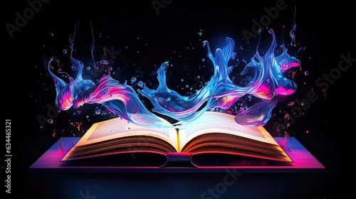 Open book, magic light, dark background. AI generation