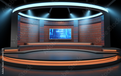 3D Virtual TV Studio News, Backdrop For TV Shows .TV On Wall.3D Virtual News Studio Background,3d illustration