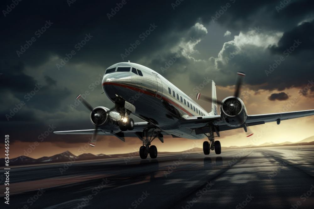 An airplane landing on runway. Commercial plane is landing. Impressive skies. Generative AI An airplane landing on runway. Commercial plane is landing. Impressive skies. Generative AI