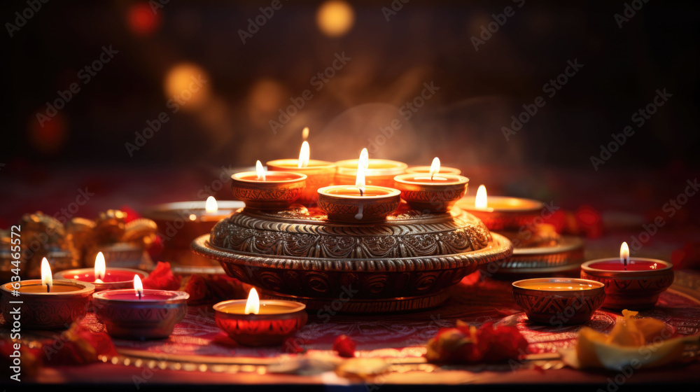 Colorful traditional oil lamps diya lit during diwali celebration. Hindu festival of lights celebration. AI generated