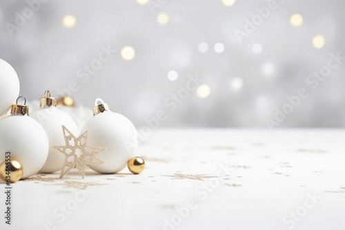 White christmas baubles decoration on blurred background with lights. New Year greeting card. Minimal style. AI generated