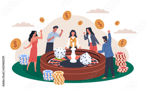 Happy roulette winners. Casino visitors, fortune favorites, people betting, gamblers play, cash winnings, jackpot, golden coins and chips, two dice, nowaday vector cartoon flat isolated concept