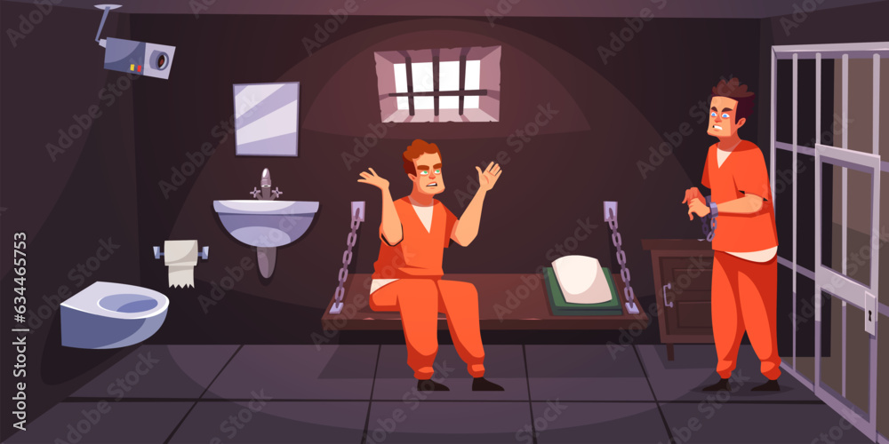 Prisoners in cell. Criminals serving punitive sentence, guys in orange