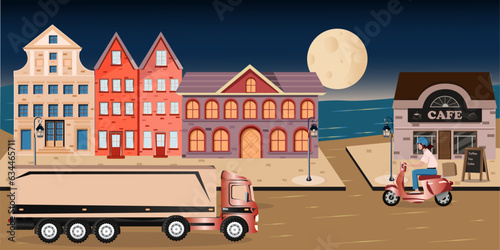 the courier carries  the order to the customer,a parcel on a red moped, moon , overnight delivery, courier delivers a parcel in the  red truck, courier girl, courier girl, cafe, cake, coffee