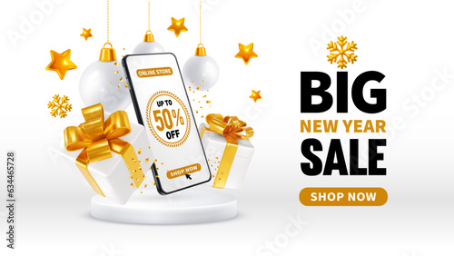 Advertising banner template for New year sale, white and gold luxury colors. Online store in smartphone, 3d realistic gift boxes with gold bow, new year balls and place for text. Vector illustration