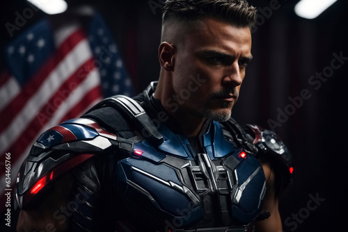 Patriotic american from the future with metallic armor. American flag futuristic weapon. © Melipo-Art