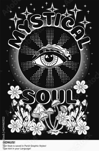 Poster with all seeing eye, mushrooms, stars, crystals of gemstones, flowers, editable text style. Concept of sacred spirit, magic, extended mind. Magic, mystical surreal illustration. Retro style
