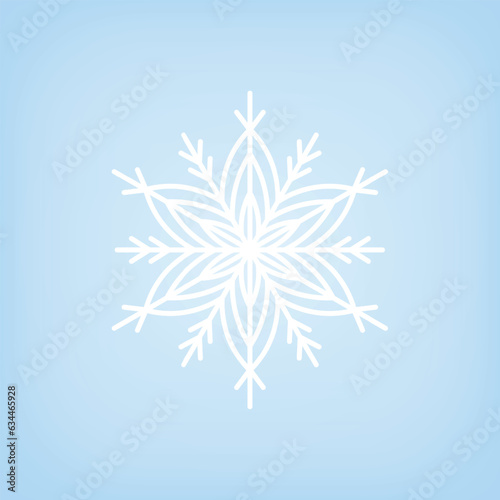 White template snowflake with shadow on blue background. Isolated snowflakes icon. Empty paper shape. Winter cartoon flat illustration. Geometric hexagonal pattern. Hand draw style