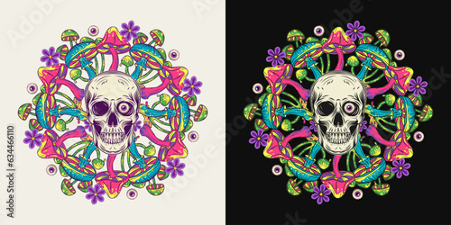 Circular pattern with human skull, colorful mushrooms, chamomiles, eyeballs. Bright nature objects in neon colors. Concept of madness, craziness. Surreal illustration for groovy, psychedelic design