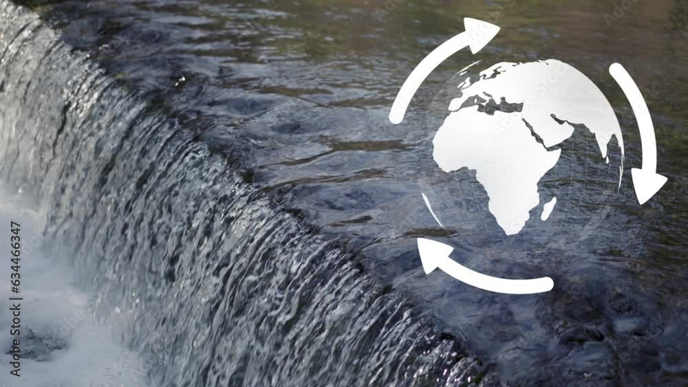 An artificial dam with a waterfall and earth planet with arrows rotation.