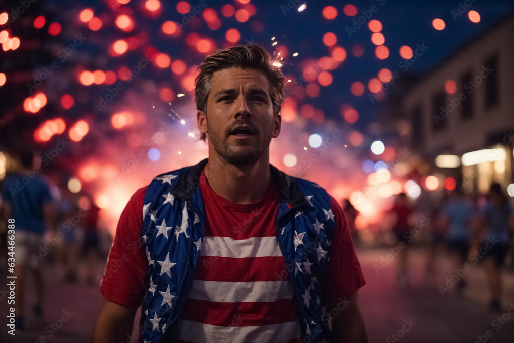 A man in USA outfit celebrates 4th july independence day. Fireworks and celebrating people in background.