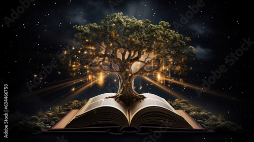 Open book and ancient tree of knowledge. AI generation
