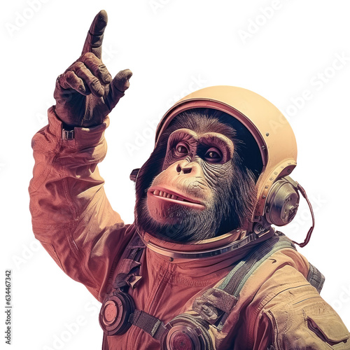 Obraz na płótnie Chimpanzee astronaut gesturing toward moon in outer space